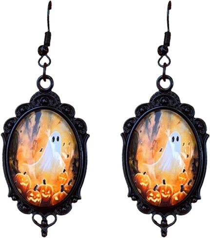 Gothic Halloween Earring for Women Ghost Pumpkin Skull Mystery Witch Earrings Black Spooky Lace Oval Glass Dangle Drop Earrings Festival Jewelry Gift in Kuwait