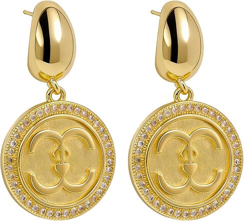 14K Gold Plated Double C Logo Drop Earrings for Women, Sparkling Cubic Zirconia Paved Round Dangle Earrings, Luxury Statement Jewelry for Wedding Party Gift in Saudi Arabia