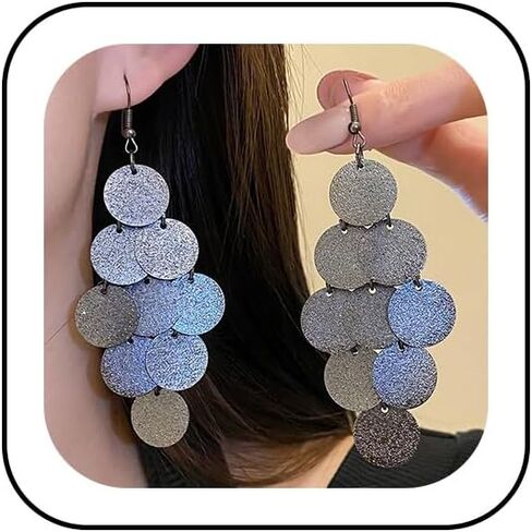 Gold Circle Sequins Chandelier Earrings for Women Vintage Silver Black Disc Tassel Hook Earring Dangling Statement Vacation Jewelry Gifts Accessories in Kuwait