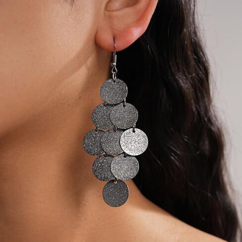 Gold Circle Sequins Chandelier Earrings for Women Vintage Silver Black Disc Tassel Hook Earring Dangling Statement Vacation Jewelry Gifts Accessories in Kuwait