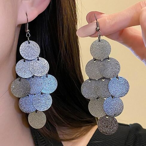 Gold Circle Sequins Chandelier Earrings for Women Vintage Silver Black Disc Tassel Hook Earring Dangling Statement Vacation Jewelry Gifts Accessories in Kuwait