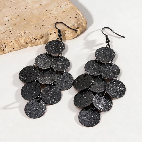 Gold Circle Sequins Chandelier Earrings for Women Vintage Silver Black Disc Tassel Hook Earring Dangling Statement Vacation Jewelry Gifts Accessories in Kuwait