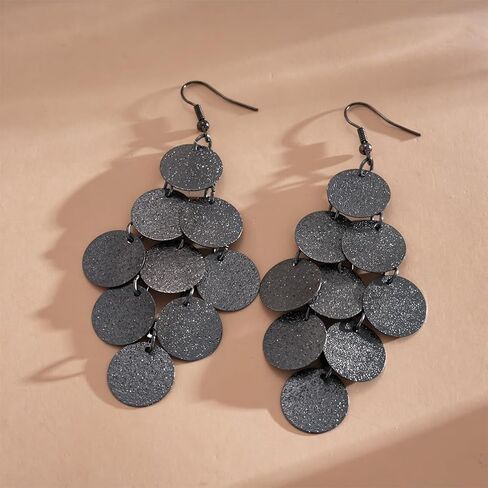 Gold Circle Sequins Chandelier Earrings for Women Vintage Silver Black Disc Tassel Hook Earring Dangling Statement Vacation Jewelry Gifts Accessories in Kuwait
