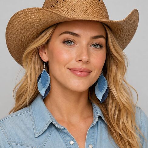 Blue Jean Denim Earrings for Women Dangling Trendy Lightweight Boho Cowgirl Earrings Western Jewelry in Saudi Arabia