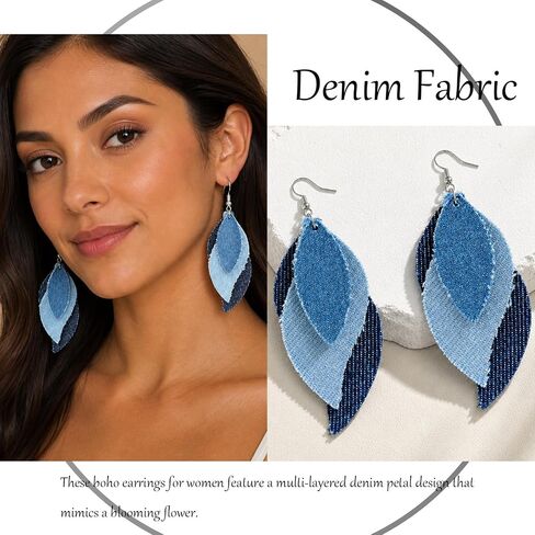Blue Jean Denim Earrings for Women Dangling Trendy Lightweight Boho Cowgirl Earrings Western Jewelry in Saudi Arabia