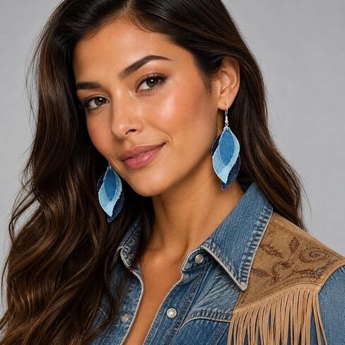 Blue Jean Denim Earrings for Women Dangling Trendy Lightweight Boho Cowgirl Earrings Western Jewelry in Saudi Arabia