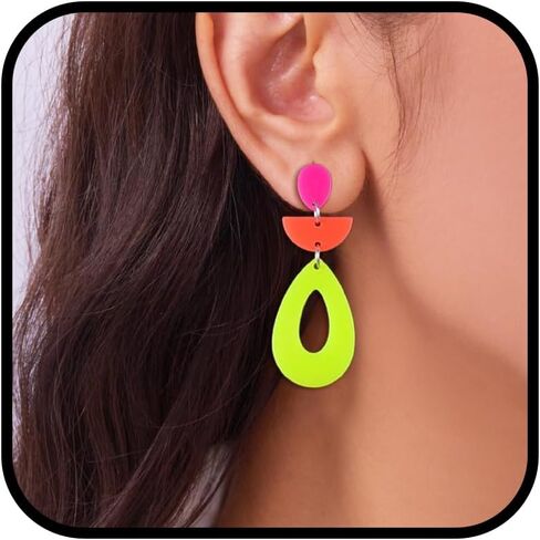 80s 90s Earrings Neon Teardrop Acrylic Dangle Geometric Earrings Jewelry Retro Statement Accessories for Women Glow Party Festival Bright 70s Outfit Accessories in Kuwait