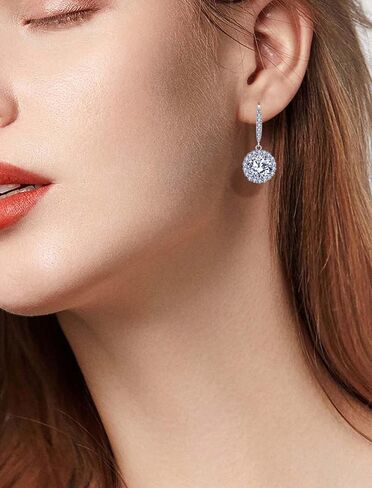 Round Halo Dangle Earrings for Women Sterling Silver Leverback Drop Earrings Birthstone Jewelry in Saudi Arabia