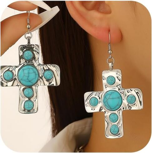 Trendy Chunky Gold Cross Turquoise Drop Dangly Earrings for Women Bold Western Jewelry Thick Hammered Silver Crosses Beads Earring Vintage Faith Gift in Saudi Arabia