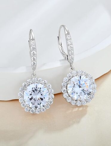 Round Halo Dangle Earrings for Women Sterling Silver Leverback Drop Earrings Birthstone Jewelry in Saudi Arabia