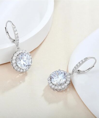 Round Halo Dangle Earrings for Women Sterling Silver Leverback Drop Earrings Birthstone Jewelry in Saudi Arabia