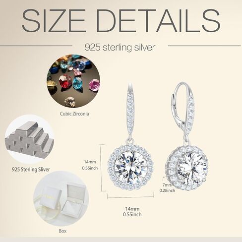Round Halo Dangle Earrings for Women Sterling Silver Leverback Drop Earrings Birthstone Jewelry in Saudi Arabia