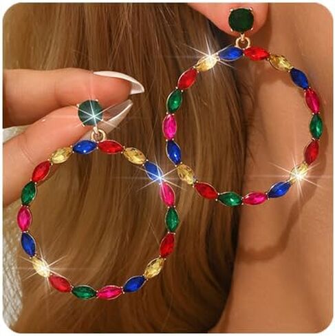 Aimimier Boho Circle Crystal Dangle Earrings Round Hoop Rhinestone Drop Chandelier Earrings Wedding Cocktail Party Earring Accessories for Women (Colorful) in Kuwait