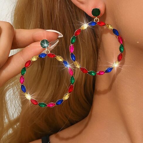 Aimimier Boho Circle Crystal Dangle Earrings Round Hoop Rhinestone Drop Chandelier Earrings Wedding Cocktail Party Earring Accessories for Women (Colorful) in Kuwait