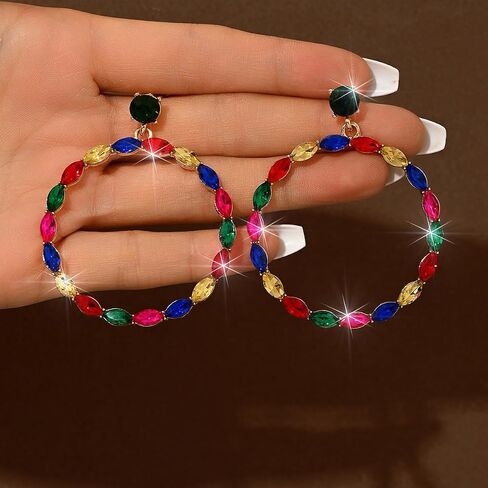 Aimimier Boho Circle Crystal Dangle Earrings Round Hoop Rhinestone Drop Chandelier Earrings Wedding Cocktail Party Earring Accessories for Women (Colorful) in Kuwait