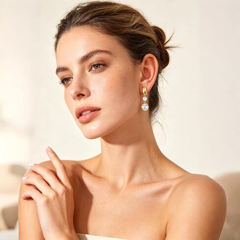 YUJIE Gold Huggie Earrings for Women Statement Chunky Hoops Double Crystal Bezel Dangle Drop Earrings 14K Gold Plated Trendy Jewelry for Her in Saudi Arabia