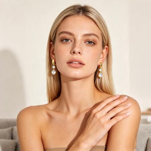 YUJIE Gold Huggie Earrings for Women Statement Chunky Hoops Double Crystal Bezel Dangle Drop Earrings 14K Gold Plated Trendy Jewelry for Her in Saudi Arabia