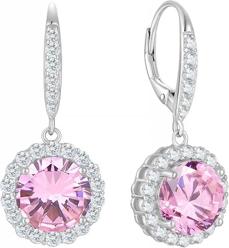 Round Halo Dangle Earrings for Women Sterling Silver Leverback Drop Earrings Birthstone Jewelry in Saudi Arabia