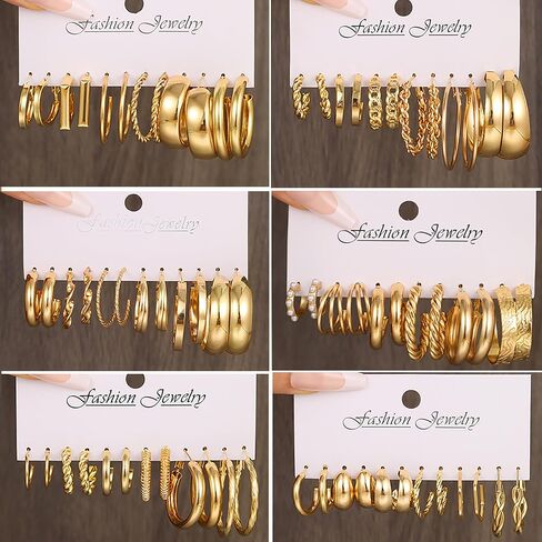 36 Pairs Gold Hoop Earrings Set for Women, Fashion Hypoallergenic Chunky Twisted Pearl Stud Earrings Multipack, Small Big Hoops Earring Packs Trendy for Christmas Birthday Party Jewelry Gift in Saudi Arabia
