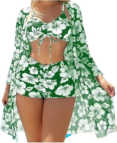 Three-piece Bikini Set For Women High Waist Push-up Bra With Adjustable Straps And Sarong in Saudi Arabia