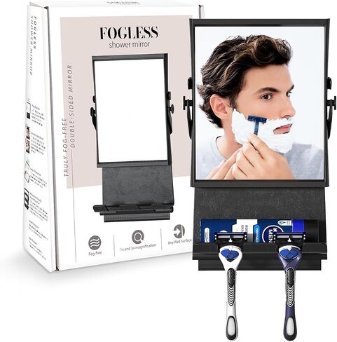 Ettori Fogless Shower Mirror for Shaving, Water-Filled Anti Fog Shower Mirror with 1X/3X Dual-Sided Magnification, No Drill Adhesive Mirror for Shower with Shelf, Razor Hooks and Squeegee, Black in Saudi Arabia