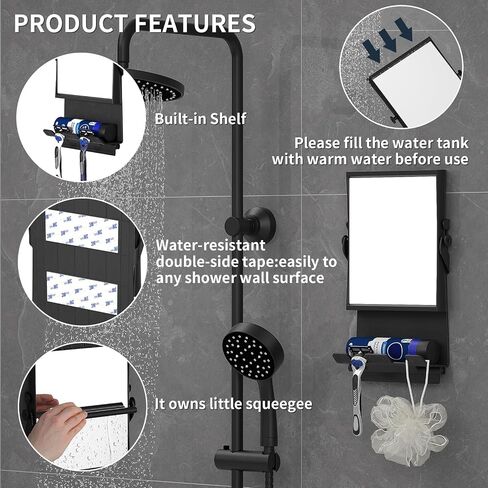 Ettori Fogless Shower Mirror for Shaving, Water-Filled Anti Fog Shower Mirror with 1X/3X Dual-Sided Magnification, No Drill Adhesive Mirror for Shower with Shelf, Razor Hooks and Squeegee, Black in Saudi Arabia