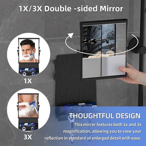 Ettori Fogless Shower Mirror for Shaving, Water-Filled Anti Fog Shower Mirror with 1X/3X Dual-Sided Magnification, No Drill Adhesive Mirror for Shower with Shelf, Razor Hooks and Squeegee, Black in Saudi Arabia