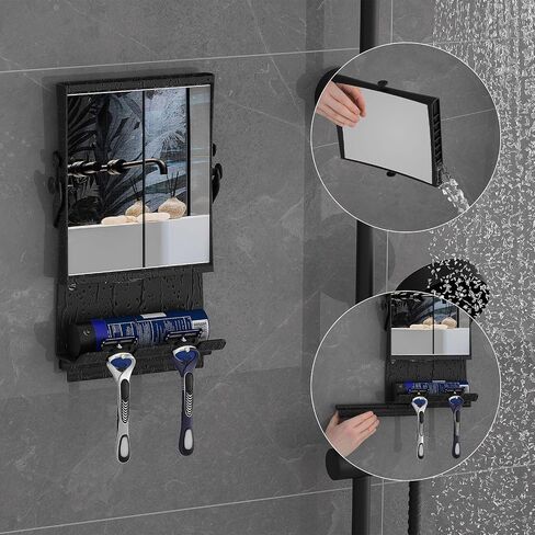 Ettori Fogless Shower Mirror for Shaving, Water-Filled Anti Fog Shower Mirror with 1X/3X Dual-Sided Magnification, No Drill Adhesive Mirror for Shower with Shelf, Razor Hooks and Squeegee, Black in Saudi Arabia