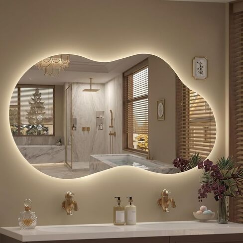 Irregular LED Mirror with Lights 40x24 Inch Backlit Asymmetrical Bathroom Mirrors for Wall Cloud Lighted Vanity Mirrors Shatterproof, Anti-Fog, Dimmable, 3 Colors (Horizontal/Vertical) in Saudi Arabia