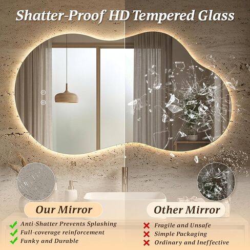Irregular LED Mirror with Lights 40x24 Inch Backlit Asymmetrical Bathroom Mirrors for Wall Cloud Lighted Vanity Mirrors Shatterproof, Anti-Fog, Dimmable, 3 Colors (Horizontal/Vertical) in Saudi Arabia