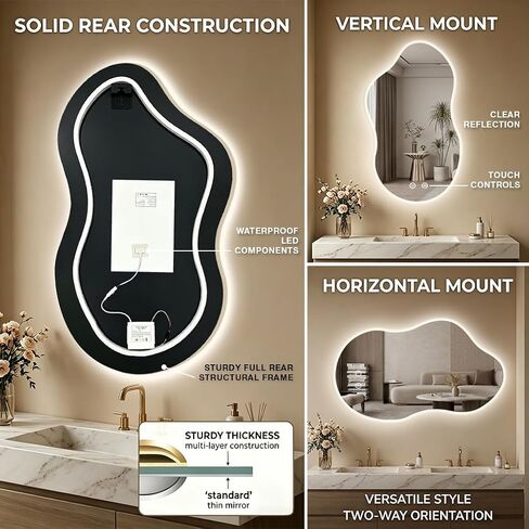 Irregular LED Mirror with Lights 40x24 Inch Backlit Asymmetrical Bathroom Mirrors for Wall Cloud Lighted Vanity Mirrors Shatterproof, Anti-Fog, Dimmable, 3 Colors (Horizontal/Vertical) in Saudi Arabia
