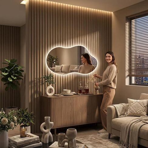 Irregular LED Mirror with Lights 40x24 Inch Backlit Asymmetrical Bathroom Mirrors for Wall Cloud Lighted Vanity Mirrors Shatterproof, Anti-Fog, Dimmable, 3 Colors (Horizontal/Vertical) in Saudi Arabia