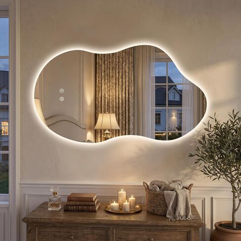 Irregular LED Mirror with Lights 40x24 Inch Backlit Asymmetrical Bathroom Mirrors for Wall Cloud Lighted Vanity Mirrors Shatterproof, Anti-Fog, Dimmable, 3 Colors (Horizontal/Vertical) in Saudi Arabia