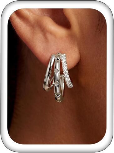 Layered C Hoop Stud Earrings for Women, 14K Gold Silver Plated Hypoallergenic Cartilage Piercing Earrings with Cubic Zirconia, Stackable Minimalist Dainty Ear Jewelry Gift in Saudi Arabia