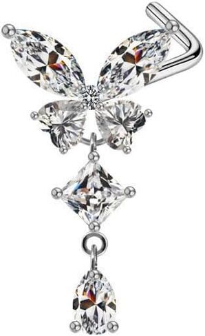 20G L-Shaped CZ Butterfly Dangle Nose Rings for Women Gold Silver Stainless Steel Cubic Zirconia Crystal Teardrop Dangling Nose Studs Ring Long Nose Piercing Jewelry in Saudi Arabia