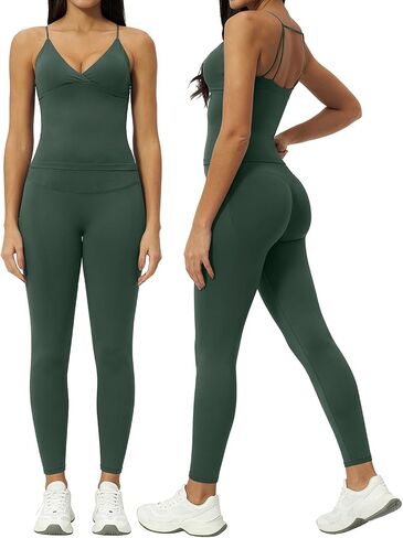 Meyeeka Women 2 Piece Workout Sets Ribbed V Neck Spaghetti Straps Padded Tank Tummy Control High Waist Yoga Leggings in Saudi Arabia