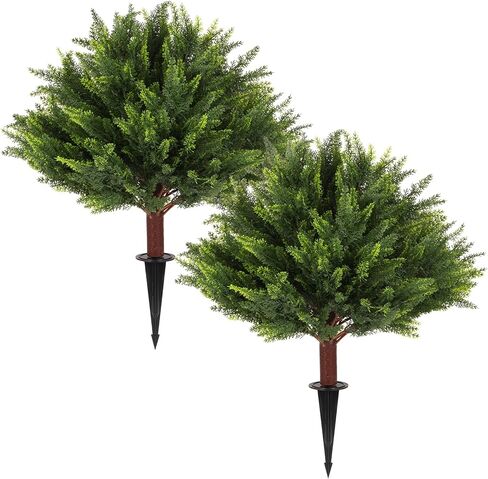 2 Pack Artificial Cypress Topiary Trees, 24" Fake Plants UV Resistant Outdoor Faux Plants with Ground Spikes, Low Maintenance Fake Shrubs for Porch, Patio, Garden Decor in Kuwait