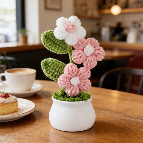 1Pc Handmade Crochet Puff Tree Pot, Pink & White Mini Knitted Plant, Cute Desktop Ornament for Office & Car, Perfect Small Gift for Women in Kuwait