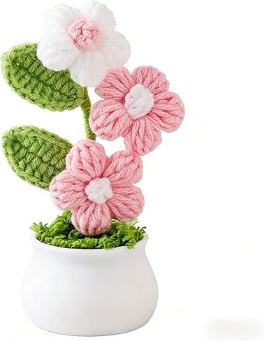 1Pc Handmade Crochet Puff Tree Pot, Pink & White Mini Knitted Plant, Cute Desktop Ornament for Office & Car, Perfect Small Gift for Women in Kuwait