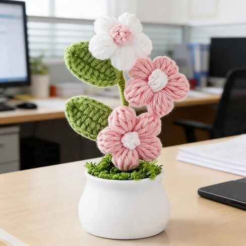 1Pc Handmade Crochet Puff Tree Pot, Pink & White Mini Knitted Plant, Cute Desktop Ornament for Office & Car, Perfect Small Gift for Women in Kuwait