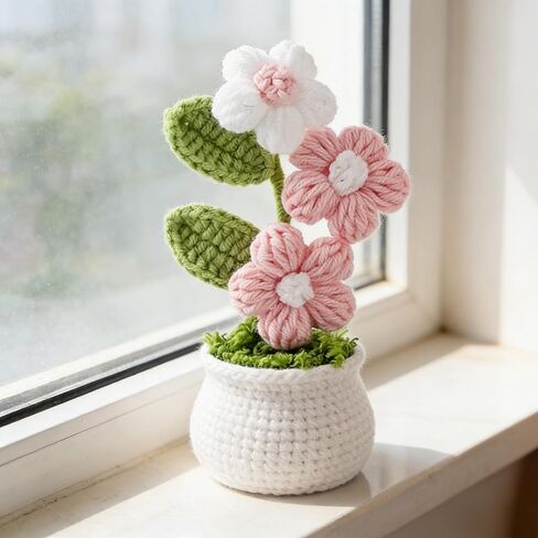 1Pc Handmade Crochet Puff Tree Pot, Pink & White Mini Knitted Plant, Cute Desktop Ornament for Office & Car, Perfect Small Gift for Women in Kuwait