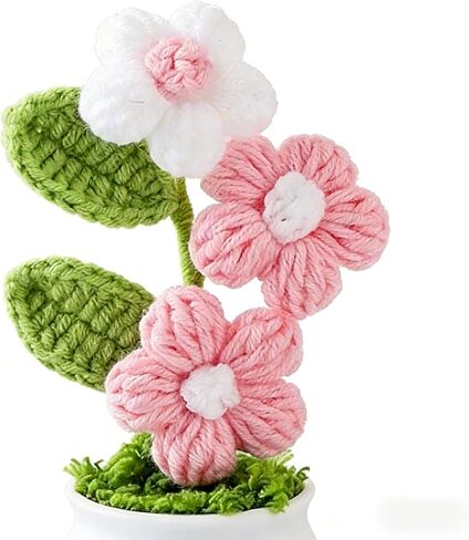 1Pc Handmade Crochet Puff Tree Pot, Pink & White Mini Knitted Plant, Cute Desktop Ornament for Office & Car, Perfect Small Gift for Women in Kuwait