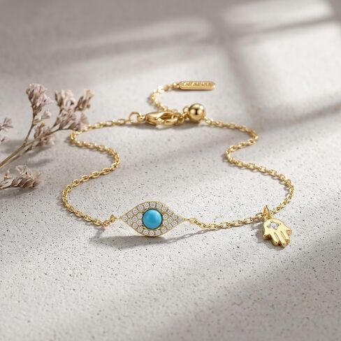 Evil Eye Bracelet for Women,14K Gold Plated Hamsa Charm Bracelet, Adjustable Chain Handmade Turquoise Jewelry for Protect Lucky Jewelry Gifts for Women, Sister, Griend in Saudi Arabia