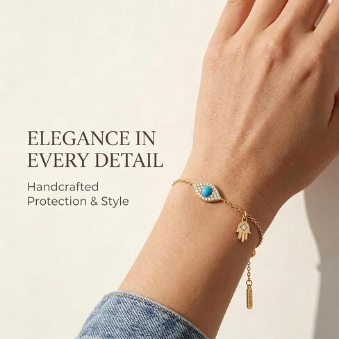 Evil Eye Bracelet for Women,14K Gold Plated Hamsa Charm Bracelet, Adjustable Chain Handmade Turquoise Jewelry for Protect Lucky Jewelry Gifts for Women, Sister, Griend in Saudi Arabia