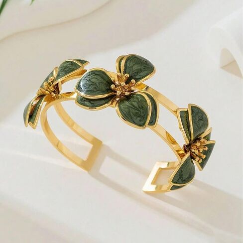 Elegant Green Oil Drop Clover Bracelet, Iron Floral Design Cuff Bracelets for Women Adjustable Wedding Valentines Day Mothers Day and Daily Wear Jewelry Gift in Saudi Arabia