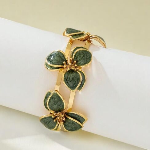 Elegant Green Oil Drop Clover Bracelet, Iron Floral Design Cuff Bracelets for Women Adjustable Wedding Valentines Day Mothers Day and Daily Wear Jewelry Gift in Saudi Arabia