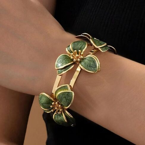 Elegant Green Oil Drop Clover Bracelet, Iron Floral Design Cuff Bracelets for Women Adjustable Wedding Valentines Day Mothers Day and Daily Wear Jewelry Gift in Saudi Arabia