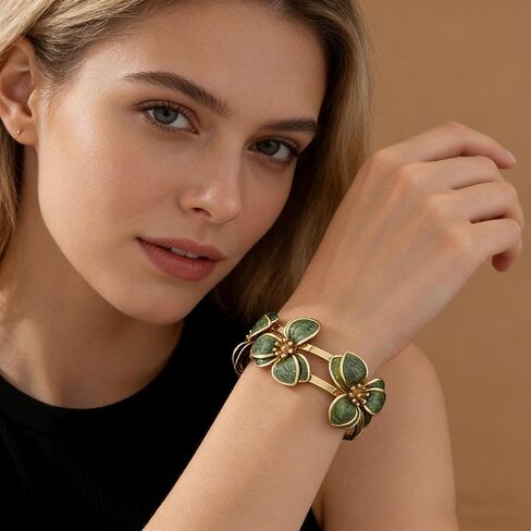 Elegant Green Oil Drop Clover Bracelet, Iron Floral Design Cuff Bracelets for Women Adjustable Wedding Valentines Day Mothers Day and Daily Wear Jewelry Gift in Saudi Arabia