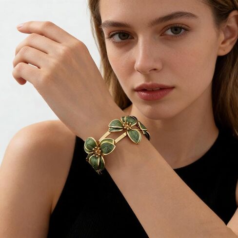 Elegant Green Oil Drop Clover Bracelet, Iron Floral Design Cuff Bracelets for Women Adjustable Wedding Valentines Day Mothers Day and Daily Wear Jewelry Gift in Saudi Arabia