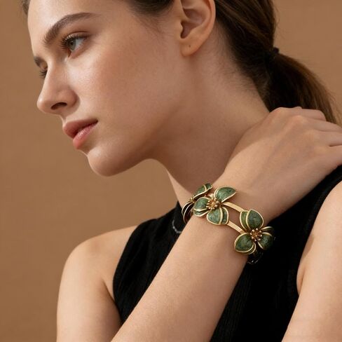 Elegant Green Oil Drop Clover Bracelet, Iron Floral Design Cuff Bracelets for Women Adjustable Wedding Valentines Day Mothers Day and Daily Wear Jewelry Gift in Saudi Arabia